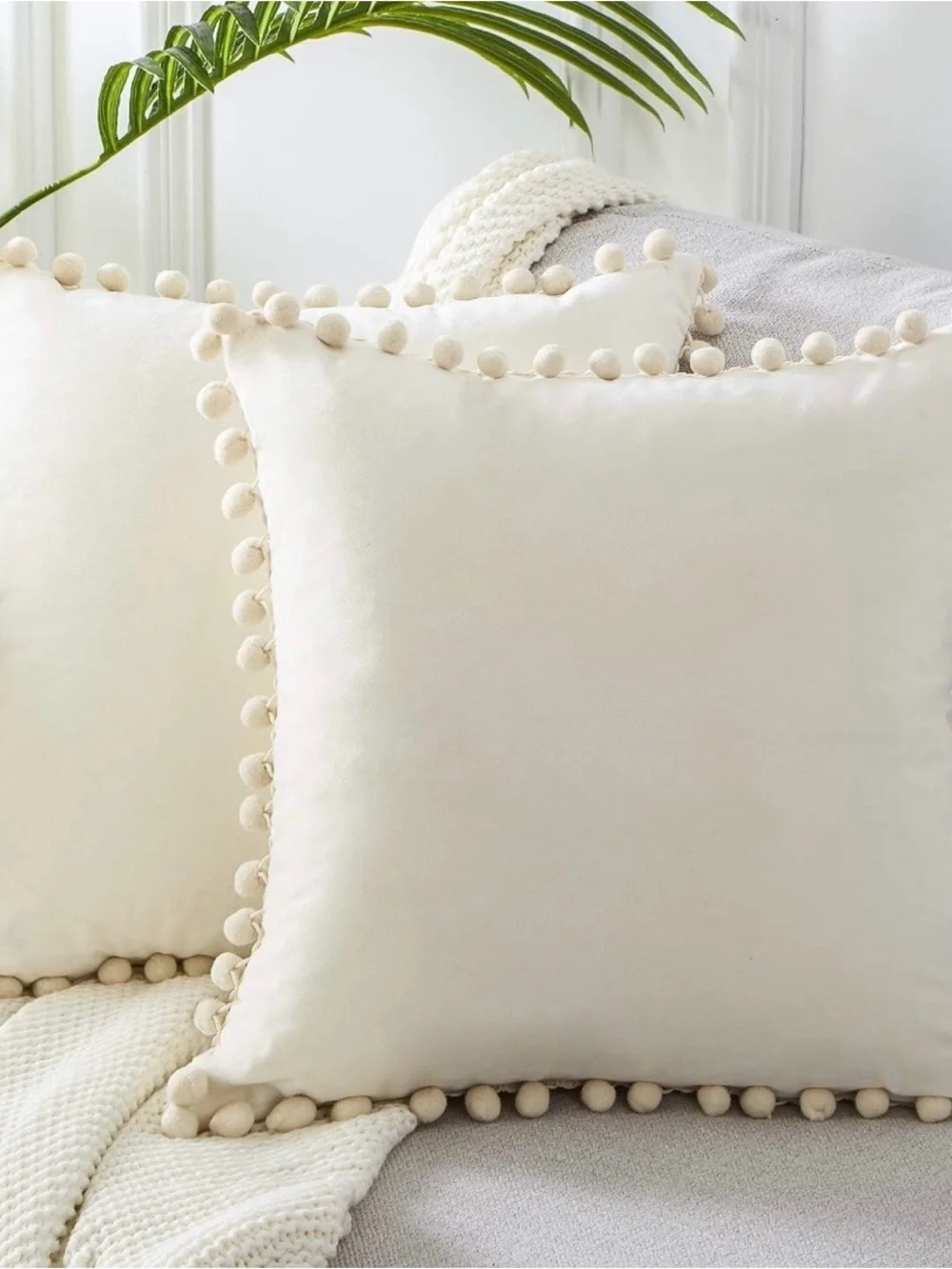 Cream Pom Pom Decorative Throw Pillow - Brand: